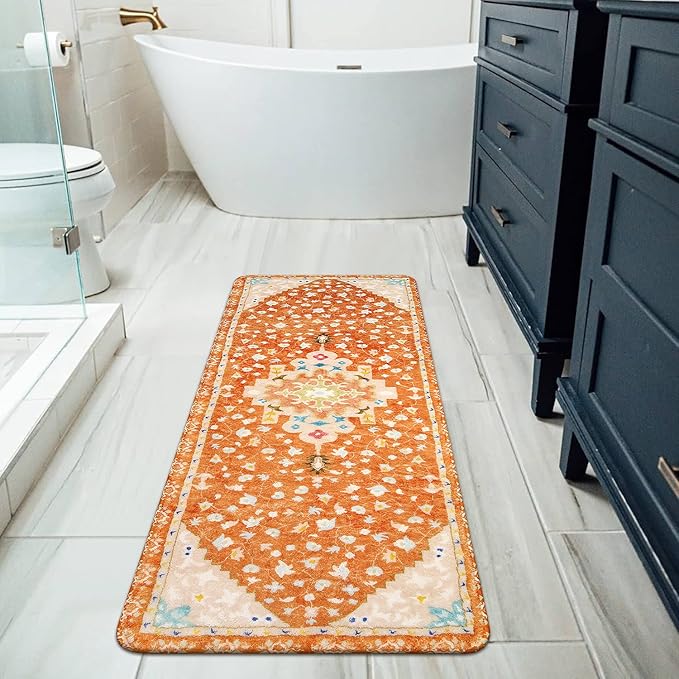 Uphome Long Boho Rug Orange Vintage Floral Bathroom Runner Rug Non-Slip Machine Washable Bath Mat Soft Velvet Oriental Traditional Aesthetic Accent Rug for Sink Shower Doormat Tub, 20x59 inch
