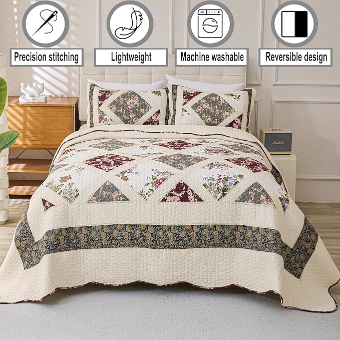 Cmfshape Floral Quilt Sets Bedspread Set 100% Cotton Patchwork Bedding Set,All Season Use Lightweight Reversible Coverlet Quilts with 2 Pillow Shams(King 106"x96")
