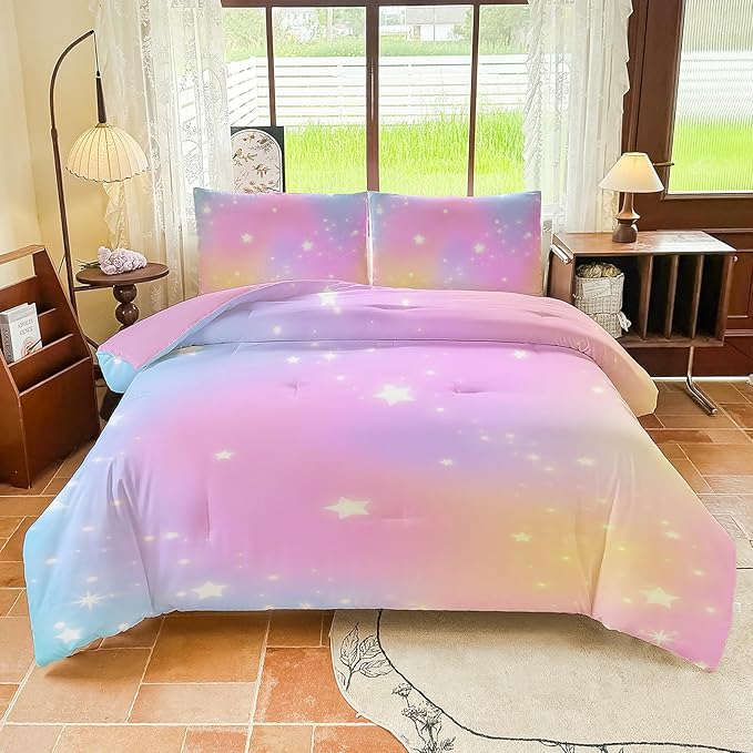 Rainbow Bedding Set Twin Size – 5 Piece Reversible Girls Comforter with Deep-Pocket Sheet, Gradient Galaxy Design, Whole-Piece Filling, Machine Washable Bed-in-a-Bag for Kids Room Makeover & Gifts