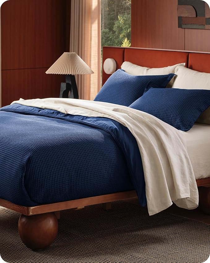 Bedsure Cotton Duvet Cover Queen - 100% Cotton Waffle Weave Navy Blue Duvet Cover Queen Size, GentleSoft™ and Breathable Bedding Set for All Season, 3 Pieces, 90"x90"