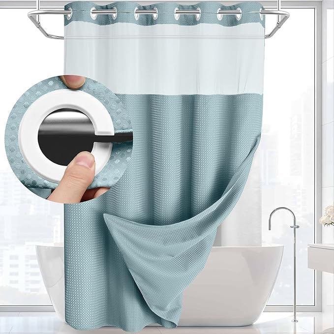 YellyHommy No Hook Shower Curtain with Snap in Liner Set Less Waffle Shower Curtain for Bathroom (Cyan, 87" L x 72" W)