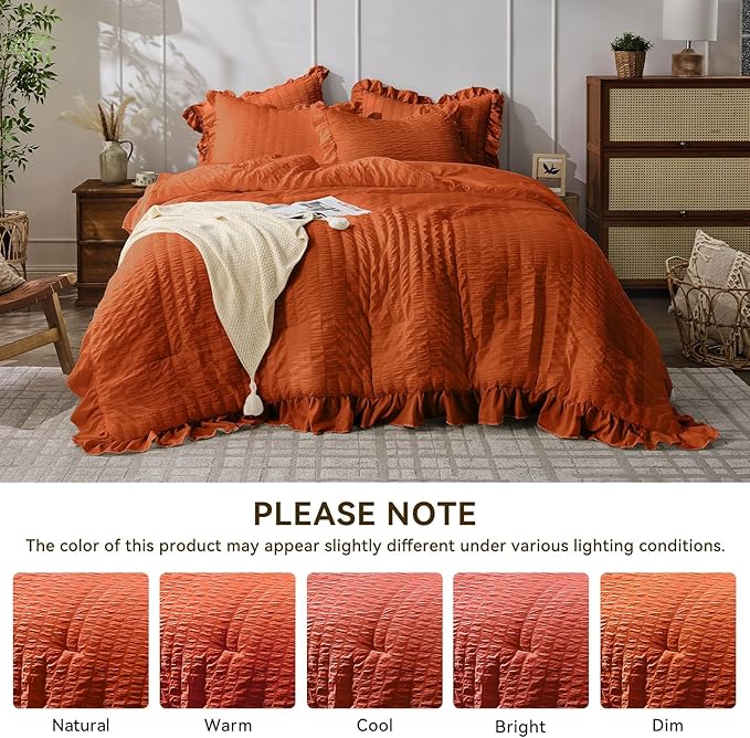 JOLLYVOGUE Burnt Orange Queen Comforter Set, 3 Pieces Seersucker Comforters Queen Size, Lightweight & Fluffy Bedding Sets Queen for All Season with 1 Ruffle Comforter and 2 Ruffle Pillowshams