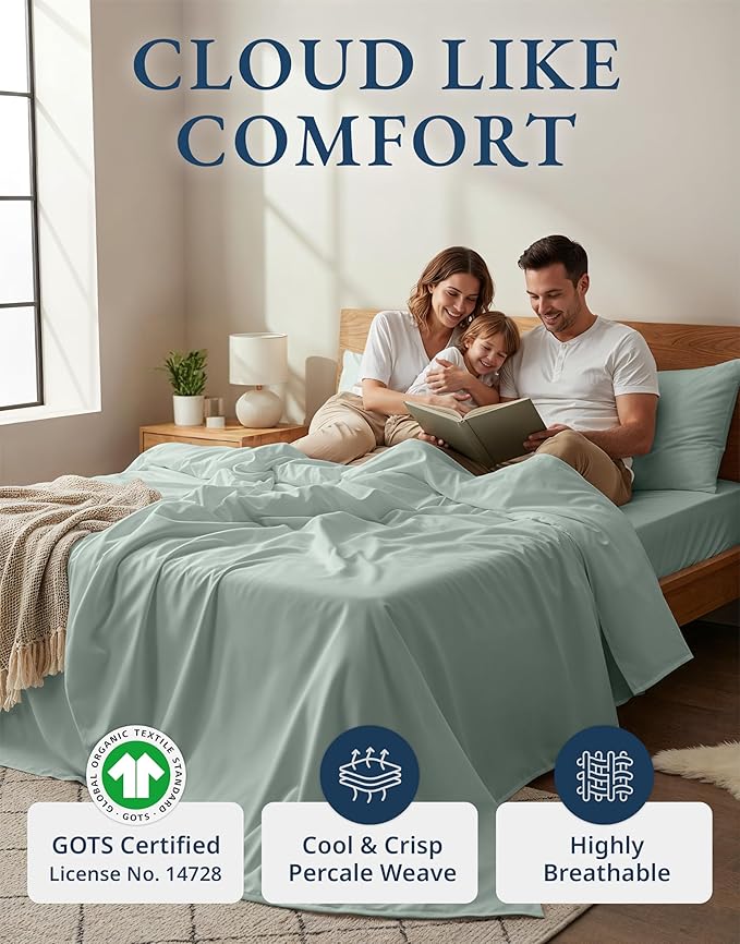 LANE LINEN 100% Organic Cotton Twin Bed Sheet Set, Soft & Comfy Low Pill Fade Resistant Machine Wash Reinforsed French Seam Sustainably Produced Eco Friendly Sábanas Twin- Cool Blue