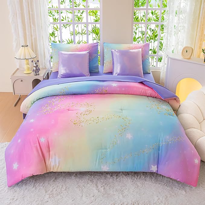 Rainbow Bedding Set Full Size – 7 Piece Reversible Girls Comforter with Deep-Pocket Sheet, Gradient Galaxy Design, Whole-Piece Filling, Machine Washable Bed-in-a-Bag for Kids Room Makeover & Gifts