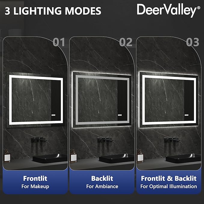 DeerValley LED Bathroom Mirror, 40" x 32" Front and Backlit Wall Mounted Bathroom Vanity Mirror, Anti-Fog, 3 Colors Dimmable, Shatterproof, Tempered Glass, Memory Function (Horizontal/Vertical)