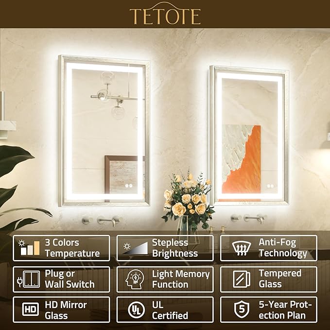 TETOTE 72 x 32 Large Bathroom Mirror Brushed Bright Nickel Metal Frame Frontlit & Backlit Vanity Mirror 3 Colors White/Warm/Natural Stepless Dimmable Anti-Fog Bathroom Mirrors for Vanity Wall-Mounted