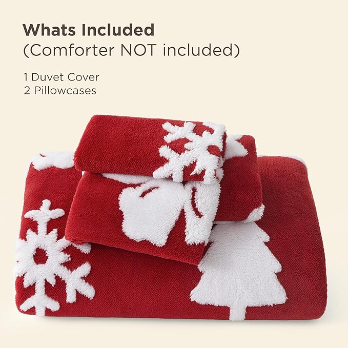 Bedsure Fluffy Christmas Duvet Cover Set - Winter Warm 3 Pieces King Size Ultra Soft Plush Shaggy Bedding Set with Bell Candy Sticks Patten,Red