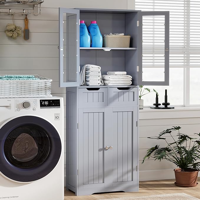TOLEAD 67" Tall White Bathroom Cabinet Storage Cabinet, Freestanding Storage Cabinet with Glass Door and Adjustable Shelves, Bathroom Cabinet for Living Room, Kitchen, Dining, (Grey)
