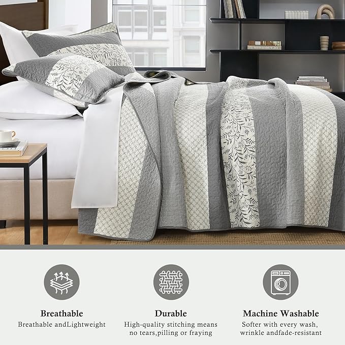 Stripe Quilts Queen Size - 100% Cotton Lightweight Quilt Bedding Set 3 Pieces, Vintage Vine Pattern Quilted Bedspread with 2 Pillow Shams, Farmhouse Printed Coverlet for All Season, Gray