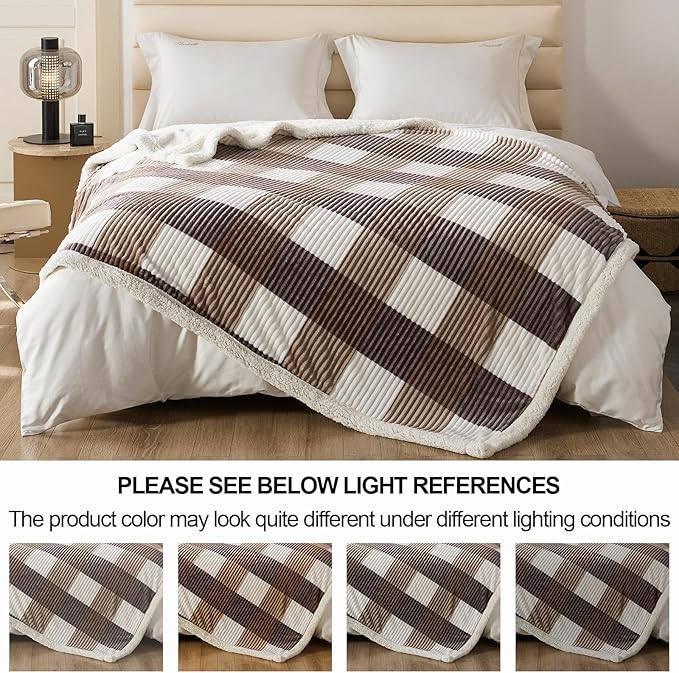 Blanket for Women, Sherpa Throw Blanket for Couch, Flannel Cozy Soft Checkered Blanket for Bed - Fleece, Beige, 80x90 Inches