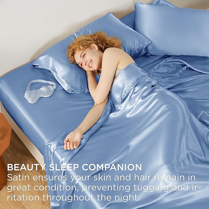 Bedsure Satin Sheets King Size - 4 Piece Silky Bedsheets with 15 Inches Deep Pocket Fitted Bedsheet,1 Flat Sheet, 2 Satin Pillowcases, Good for Hair & Skin (King, Sky Blue)