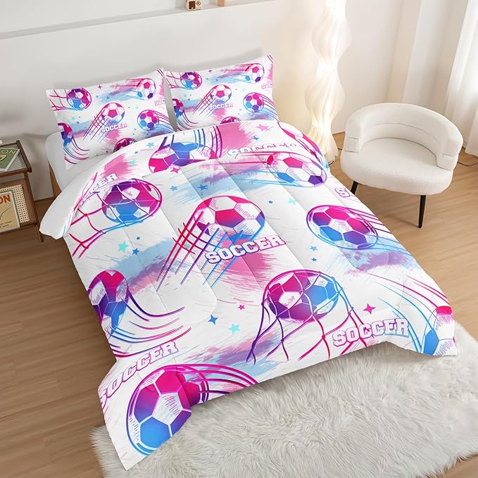 Ball Games Bedding Football King Comforter Set,Pink and Blue Soccers Stars Bedding Set for Kids Girls Boys Room Decor,Sports on The Court Aesthetic Bedding Sets with 2 Pillowcases.