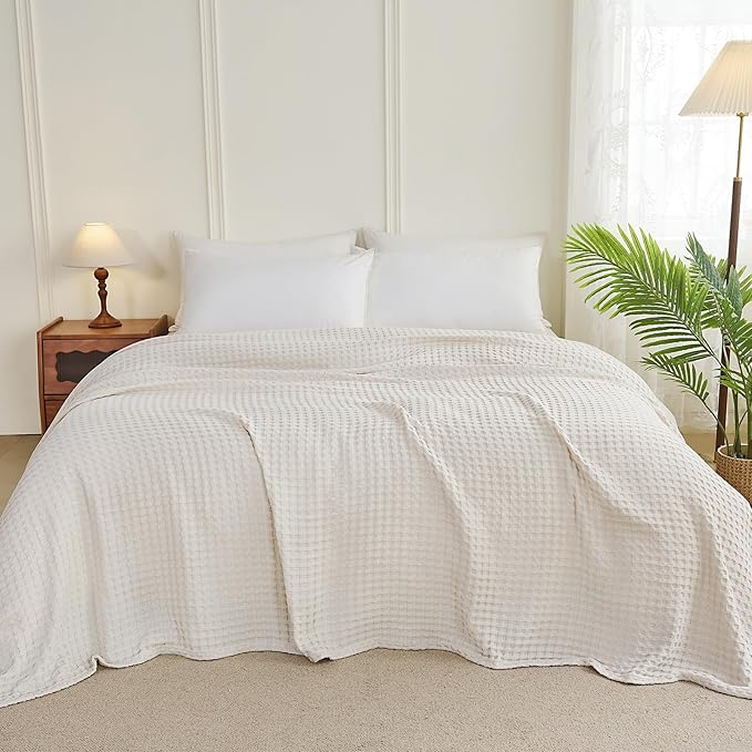 Aganear Waffle Blanket - Lightweight Breathable Summer Blanket of 50% Cotton and 50% Rayon Derived from Bamboo for Hot Sleepers Luxury Throws for Bed, Couch and Sofa,Beige,90x90 Inches