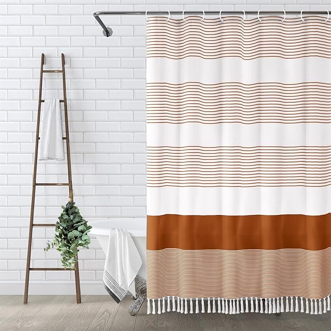 Awellife Boho Orange Shower Curtain for Bathroom Farmhouse Cotton Stripe Tassel Shower Curtain Natural Texture 72" L x 84" W