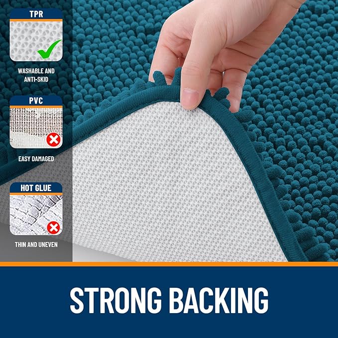 OLANLY Bathroom Rugs 47x24, Extra Soft Absorbent Chenille Bath Rugs, Rubber Backing Quick Dry, Machine Washable Bath Mats for Bathroom Floor, Tub and Shower, Home Decor Accessories, Peacock Blue