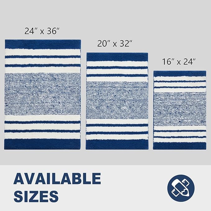 CozeCube Bath mats for Bathroom Non Slip, Fluffy Absorbent Microfiber Bath mat Washable, Aesthetic Bathroom Rugs, Small Navy Blue Striped Bath mat, Navy Blue, 24" x 16"