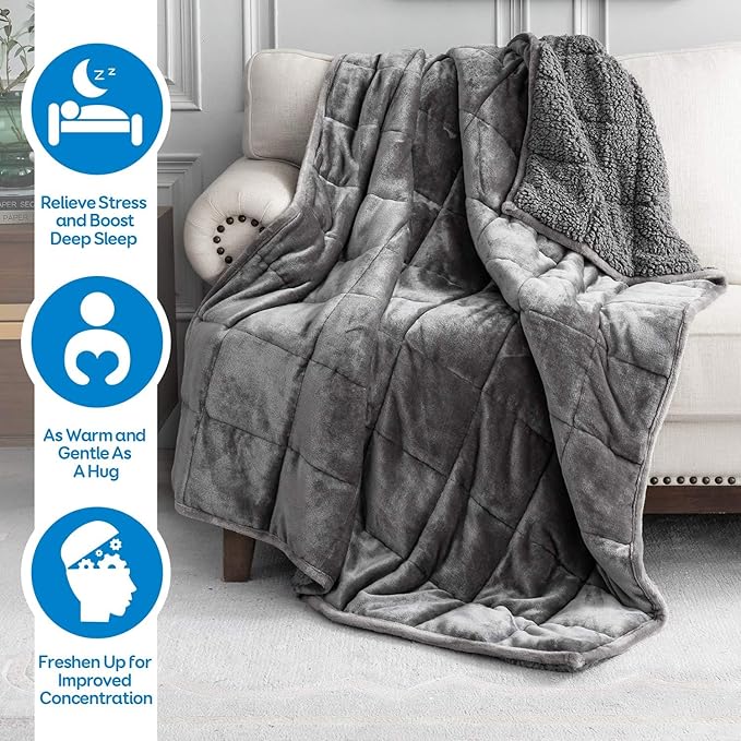 Cottonblue Sherpa Fleece Weighted Blanket 15 lbs for Adult, Flannel Cozy Plush Bed Blankets, Fuzzy Sherpa Weighted Blankets Full Size, Minky Soft Blanket for Sofa Bed, 48 x 72 inches, Grey