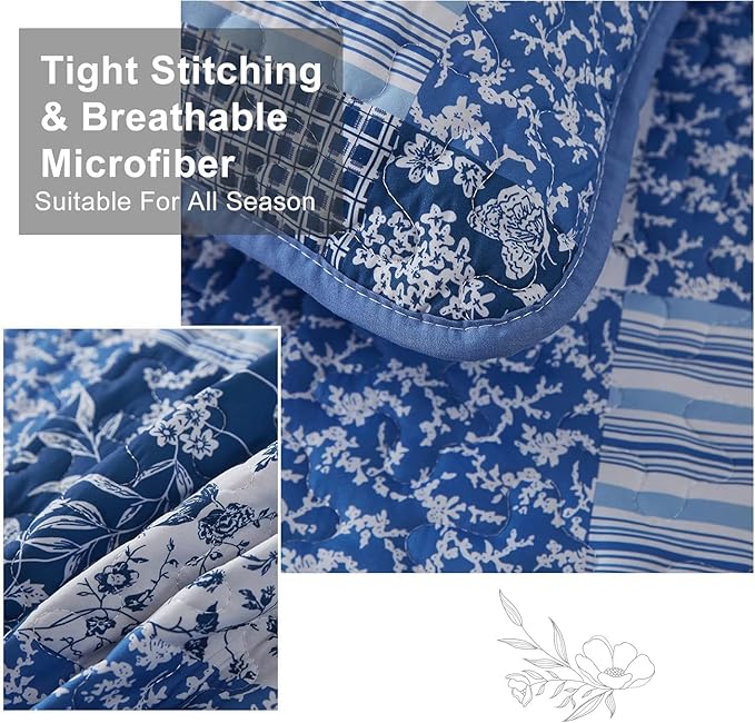 Mybedsoul Blue Quilt Set California King, 3 Pieces Plaid Floral Bedspread Set Patchwork Reversible Bedding Set Microfiber Lightweight Bedspread Coverlet Set for All Season 112"x96"
