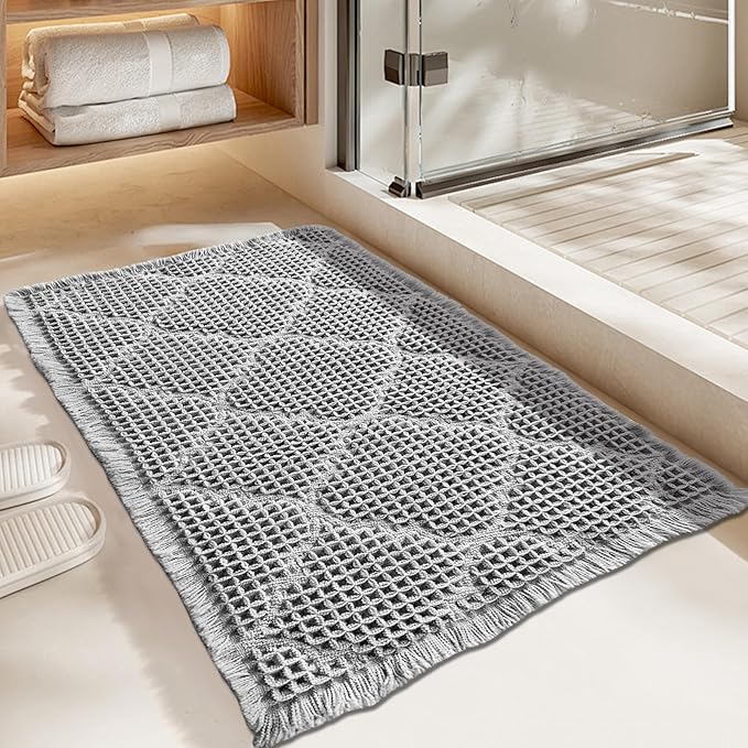ZALL Waffle Bath Mat,Super Absorbent Non Slip Bathroom Rug,Grey 18x30inch,Geometric Diamond Machine Washable Ultra Soft Floor Mats Gray