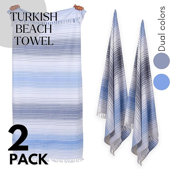 Native Fab 100% Cotton Peshtemal Turkish Bath and Beach Towels Set of 2, Large 40x71 Travel Sarong Gym Pool Spa Towels, Ultra Soft Quick Dry Absorbent Fouta Hammam Peshtemal Towels Navy Blue