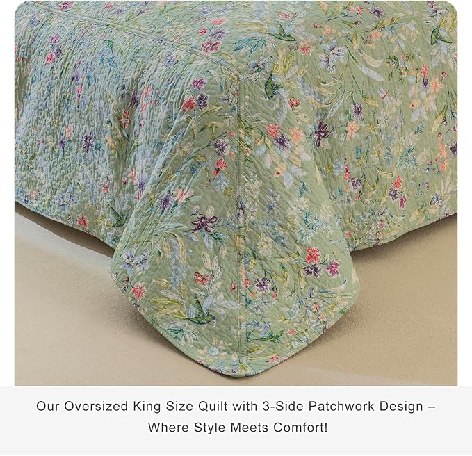 Lady Ann 100% Cotton Floral Cal King Quilt Set - Green Flower Bird Butterfly Pattern Print Quilted 118x106 Bedspread & Coverlet Set, 3 PCS Lightweight Extra Soft Queen Bedding Sets All Season