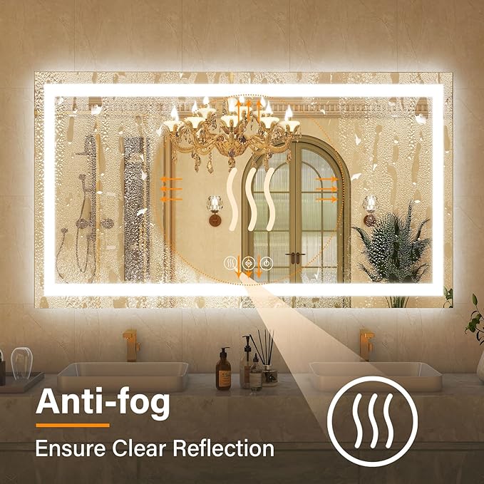 GLSLAND LED Bathroom Mirror - 48"x32" Anti-Fog Lighted Wall Mirrors with Memory Function, Dimmable, Frontlit & Backlit, Horizontally/Vertically, Tempered Glass