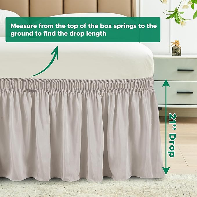 Biscaynebay Wrap Around Bed Skirts for Queen Beds with 21" Drop, Camel Grey Adjustable Elastic Dust Ruffles Easy Fit Wrinkle Resistant Silky Luxurious Fabric Machine Washable