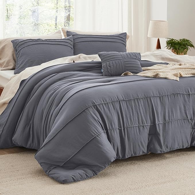 Bedsure California King Comforter Set - 4 Pieces Pinch Pleat Bed Set, Dark Grey Boho Bedding for All Season, 1 Soft Comforter, 2 Pillowcases, 1 Decorative Pillow