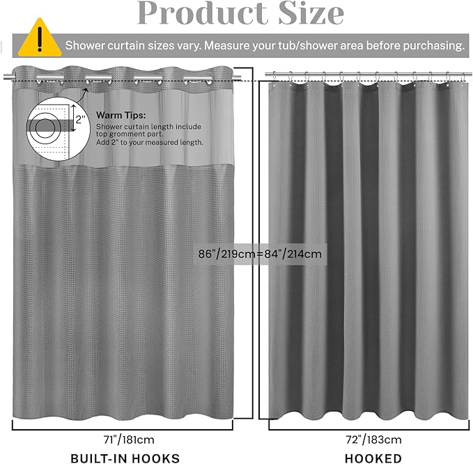 No Hook Shower Curtain with Snap in Liner Set Waffle Shower Curtain for Bathroom Hotel Style Fabric Waterproof Inner Liner，71" W x 86" H, Grey
