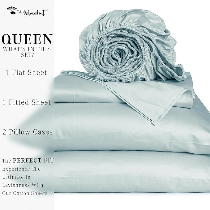 URBANHUT 1000 Thread Count Queen Sheet Set Egyptian Cotton, Long Staple Soft & Breathable, 4 Pc Bed Sheet Sets, Luxury Hotel Sateen Sheets Fits 16" Deep Pocket - Light Blue