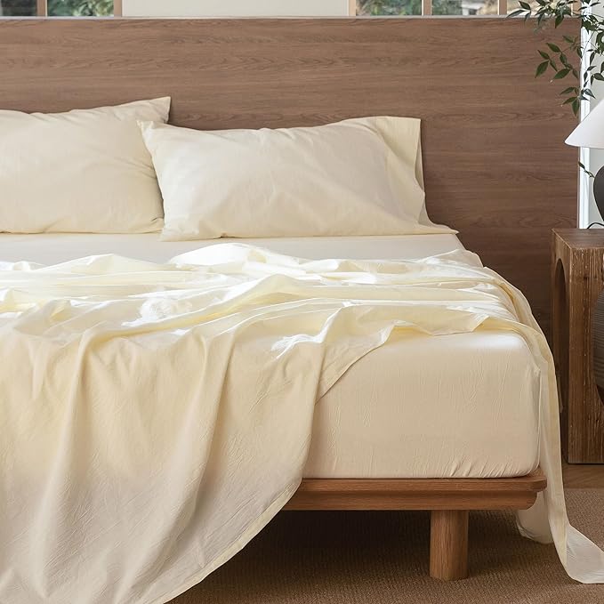 MooMee Bedding Sheet Set 100% Washed Cotton Linen Like Textured Breathable Durable Soft Comfy (Solid Cream White, California King)