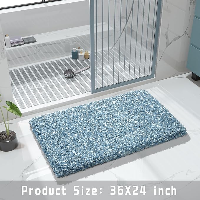 Yimobra Bathroom Rugs Non Slip Washable 36x24, Ultra Soft and Water Absorbent Bath Mats, Plush Fluffy Shower Mat Outside, Luxury Microfiber Thick Matts for Bathroom Floor/Tub, Denim Blue and White