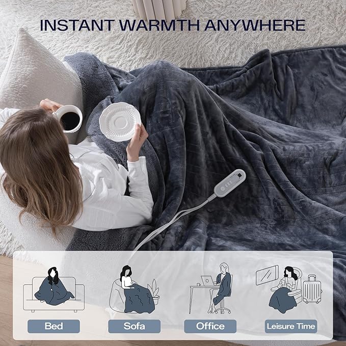 Heated Blanket Electric Full Size with 8 Heat Levels & 10 Time Settings, Heating Blanket with Flannel & Sherpa for Bed, Full Body, Couch, Home Office Use, Machine Washable, Warm Gift (Grey 72"x84")