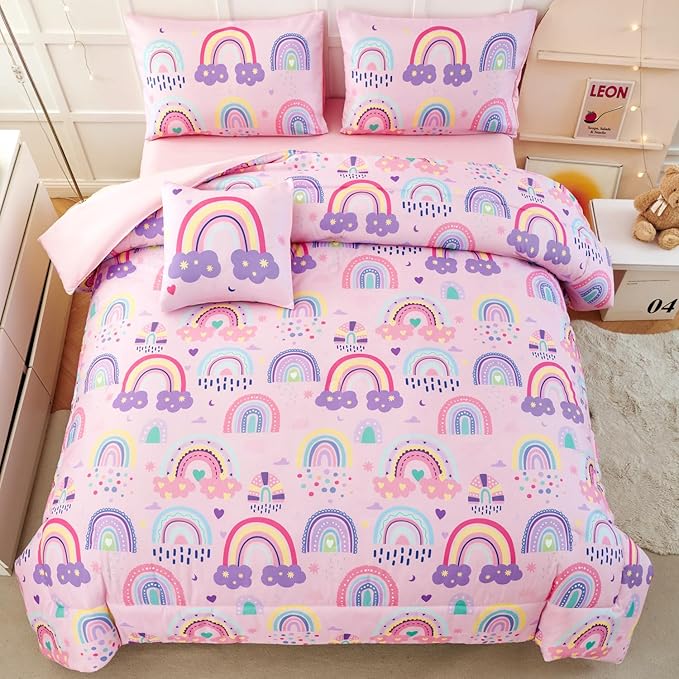 ANGIYUIN 6 Pieces Full Size Kids Comforter Set for Girls Colorful Rainbow Bed in A Bag with Sheets Cute Cartoon Clouds, Stars, Love Hearts Printed Bedding Set for All Season, Pink, Full