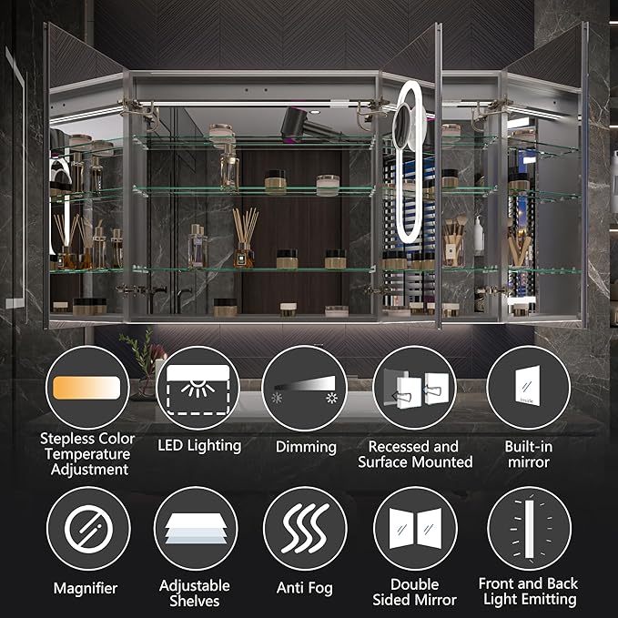 Lighted Medicine Cabinet with Mirror 54"x36" Recessed LED Medicine Cabinet Mirror, Front&Backlit, Anti-Fog, Stepless Dimming, 3-Color Temperatures, Magnifier, 2 Outlets, Storage Shelves, ETL Certified