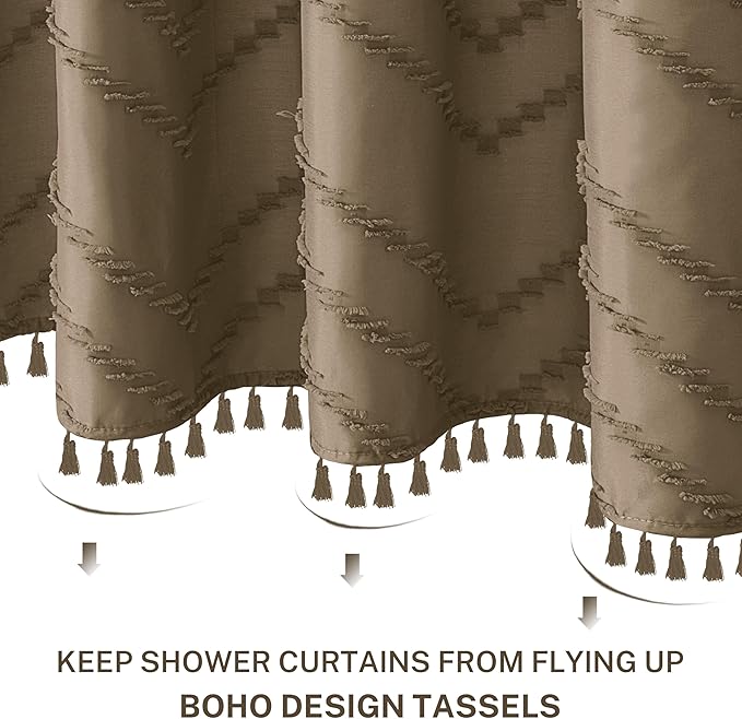 Boho Farmhouse Shower Curtain Woven Fabric Khaki Shower Curtain, 72 x 72 Tufted Chevron Textured Striped Modern Farmhouse Minimalist Shower Curtain for Bathroom