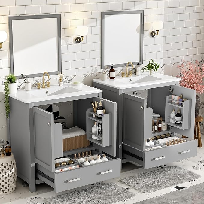 60" Bathroom Vanity Set with Double Vanities, Double Ceramic Sinks, Storage Shelf, Soft Closing Doors, Divided Drawers (Mirror not Included), Large Bathroom Vanity Sink Set (Grey)