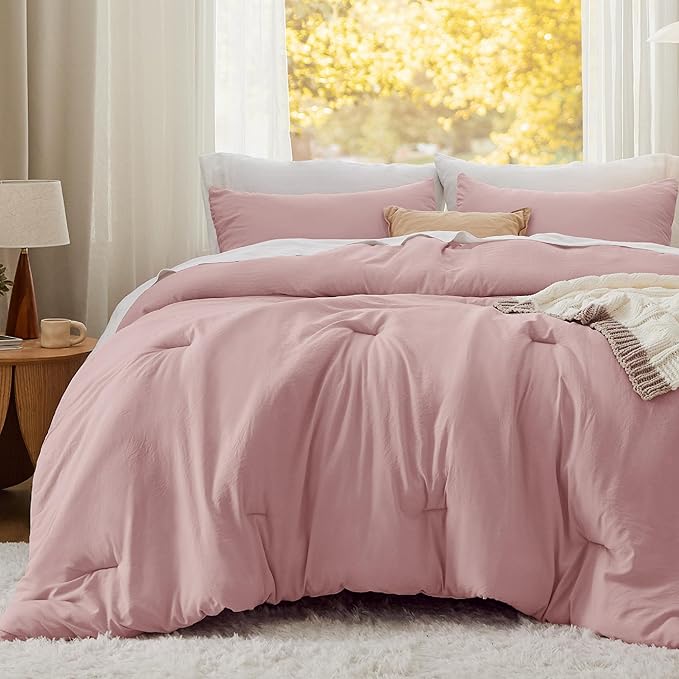 Bedsure California King Size Comforter Set, Pink Soft Prewashed Bedding for All Seasons, 3 Pieces GentleSoft™ Down Alternative Bed Set, 1 Lightweight Comforter (104"x96") and 2 Pillowcases (20"x36")