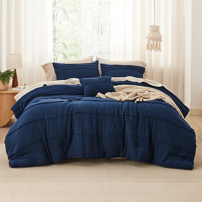 Bedsure Twin Comforter Set - 3 Pieces Pinch Pleat Bed Set, Navy Blue Boho Bedding for All Season, 1 Soft Comforter, 1 Pillowcase, 1 Decorative Pillow