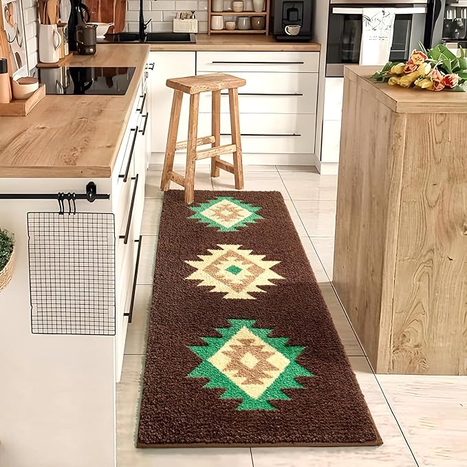 DEXDE Boho Bathroom Rugs Brown Aztec Bath Mat Non Slip Long Bathroom Rug Runner Luxury Soft Absorbent Carpet for Bathroom Shower Kitchen Entryway Modern Western 20x47