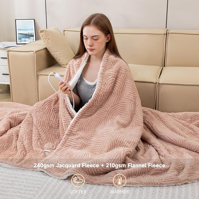 Heated Blanket Twin Size- 62"x84" Cozy Soft Jacquard Heating Blanket with 4 Heat Levels & 4 Hours Auto-Off, Jacquard Fleece, Overheating Protection, Warm Gifts, Brown