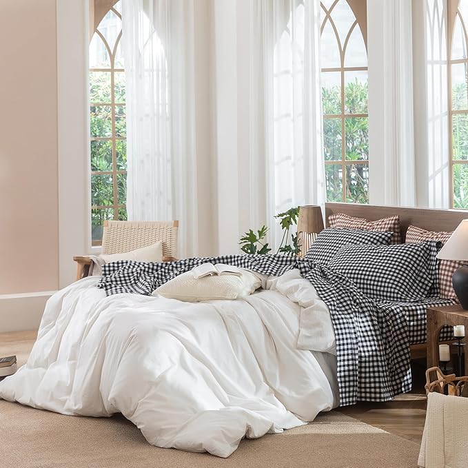 MooMee Gingham Sheet Set 100% Washed Cotton Linen Like Textured Breathable Soft w/ Fully Elasticized 16-19" Deep Pocket (Classic Gingham Black White, King)