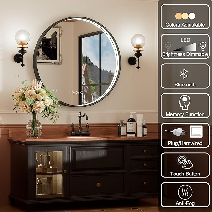 26 Inch Bluetooth Bathroom Mirror, Black Framed Round Vanity Mirror with Lights, Dimmable, 3000K/4500K/6000K, Anti-Fog, Built-in Dual Speaker, CRI 90+