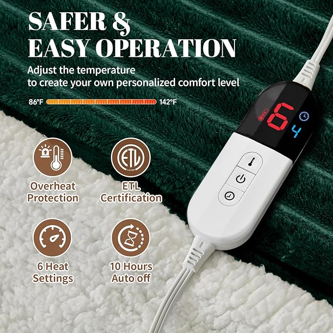 Electric Heated Blanket Twin Size - 62"x84" Fast Heating Bed Blankets with 6 Heating Levels & 10 Hours Auto Off, Soft Ribbed Flannel Sherpa, Over-Heated Protection ETL, Dark Green