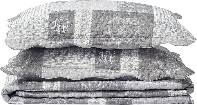 Brilliant Sunshine Grey Heart Love, Floral and Lace Patchwork, 3-Piece Quilt Set with 2 Shams, Reversible Bedspread, Soft Lightweight Coverlet, All-Season, Full/Queen, Grey