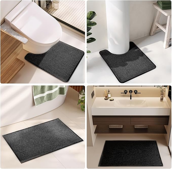 Black Bathroom Runner Rugs, Long Bath Mat Runner Washable Thin Quick Dry Low Pile Bathroom Runner Rugs Non Slip, Black 16''x60''