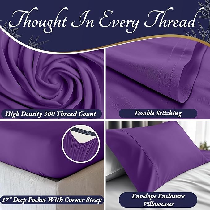 DECOLURE 100% Viscose Derived from Bamboo Sheets Full Size 4pcs - Ultra Soft & Luxuriously Cooling, 17" Deep Pocket, Double Stitching, Perfect for Hot Sleepers - Full Bed Sheets (Purple)