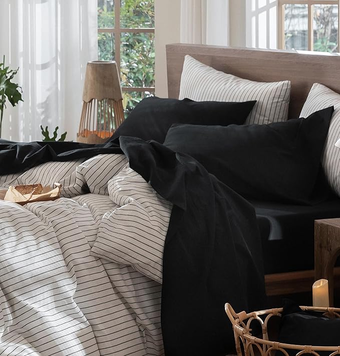 MooMee Bedding Sheet Set 100% Washed Cotton Linen Like Textured Breathable Durable Soft Comfy (Solid Black, California King)