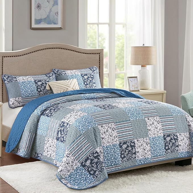 Mybedsoul Navy Blue Quilt Set Queen Size, 3 Pieces Plaid Floral Bedspread Set Patchwork Reversible Bedding Set Microfiber Lightweight Bedspread Coverlet Set for All Season 96"x90"