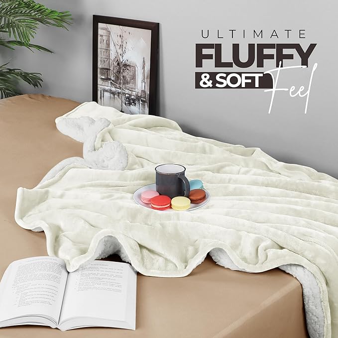 Utopia Bedding Sherpa Blanket California King Size (Ivory, 102x96 Inches) - Soft Plush Fleece Reversible Blanket for Bed, Sofa, Couch, Camping and Travel